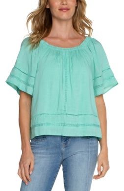cropped bell slv woven top w/ lace trim