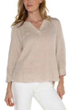 3/4 Slv RaglanTop W/ Pleats And Fray Hem
