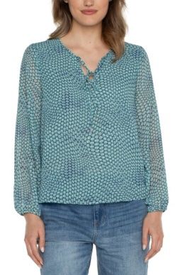 long slv tie front top w/ shirred back