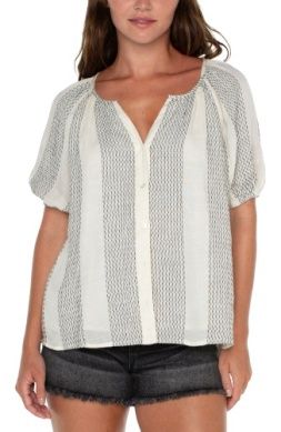 short slv button front shirred woven top
