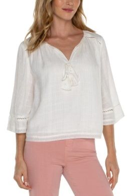 shirred woven tie front top w/ trim