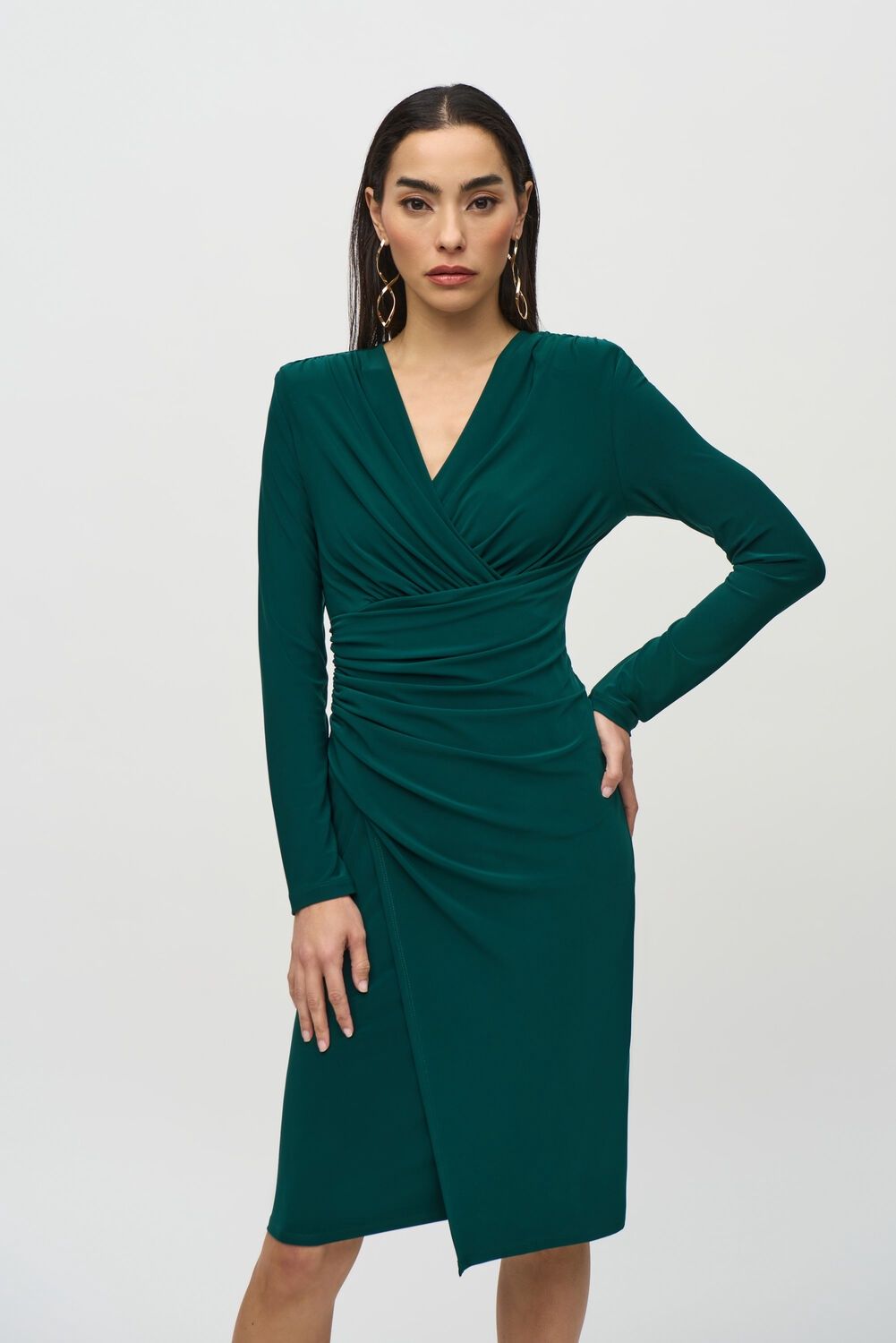 Knee Length Wrap Ruched V-neck Dress