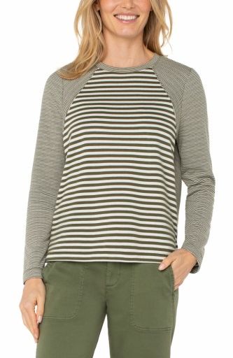 long slv crew neck knit top w/ seaming, Colour: frst shd/wht st, Size: XS