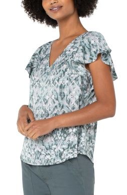 Double V-Neck Flutter Sleeve Top