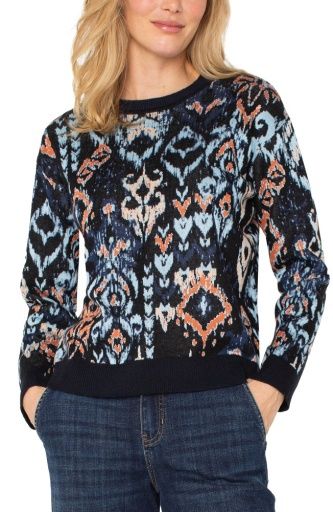 L/S Crew Jacquard Sweater, Color: Blue Multi Ikat, Size: XS