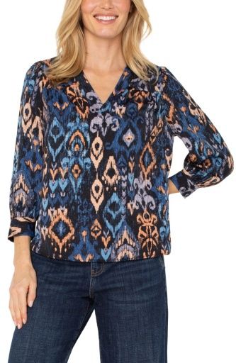 3/4 Slv Popover Woven Blouse, Color: Blue Multi Ikat, Size: XS