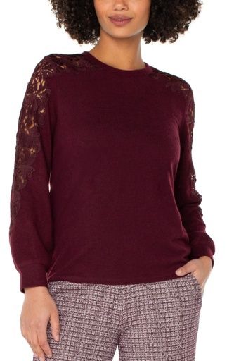 long slv crew neck lace inset knit top, Colour: burgundy, Size: XS