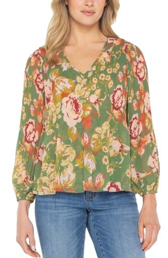 L/S V-Neck Pleated Top, Color: Green Floral, Size: S