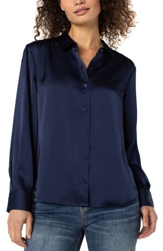 L/S Button Front Silky Shirt, Colour: Dark Navy, Size: XS