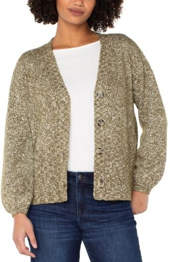 long slv button front cardigan sweater, Colour: olive melange, Size: XS