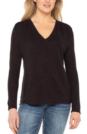 long slv vneck knit top w. shirring, Colour: java melange, Size: XS