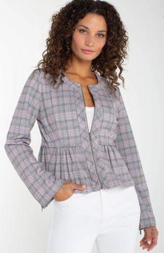 Zip Front Peplum Jacket, Color: Gry+Blush Pld, Size: XS