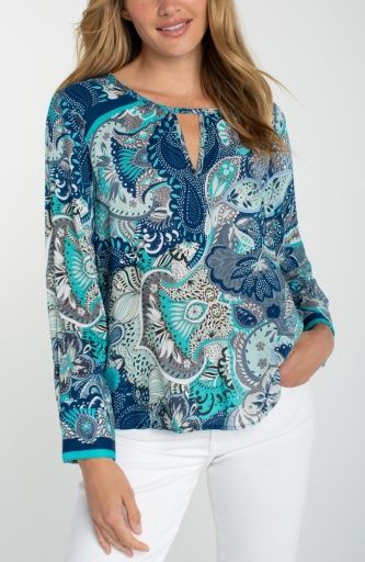 L/S Woven Top W/ Keyhole, Color: Aqua+Blue Multi, Size: XS