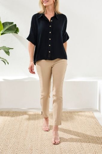 Elbow Slv Button Front Blouse, Colour: Black, Size: XS