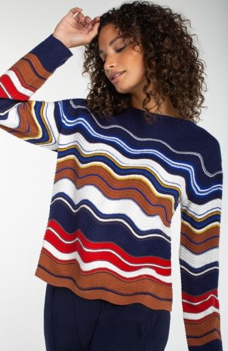 L/S Boat Neck Scallop Hem Sweater, Color: Navy+Brown Stripe, Size: XS