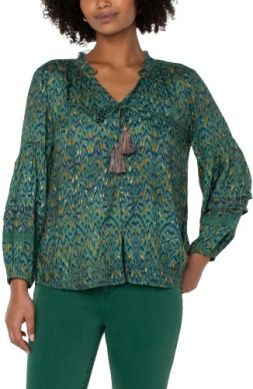 Long Sleeve Popover Shirred Blouse