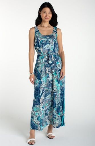 Slvless Woven Maxi Dress, Color: Aqua+Blue Multi, Size: XS