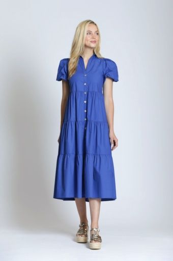 Tiered Puff Sleeve Dress, Colour: DAZZLING BLUE, Size: XS
