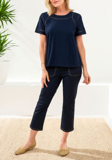 S/S Top W/ Dotted Lace Detail, Colour: Jet Blue, Size: XS