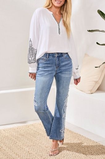 Sophia Curvy Flare W/ Denim Applique, Color: PebbleBlue, Size: 2