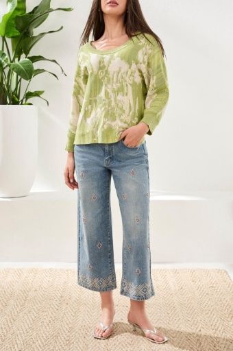 U-Neck Jacquard 3/4 Slv Sweater, Color: LemonGrass, Size: XS