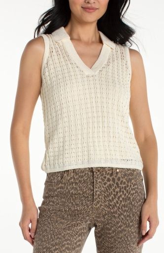 Slvless Johnny Collar Sweater, Color: Cream, Size: XS