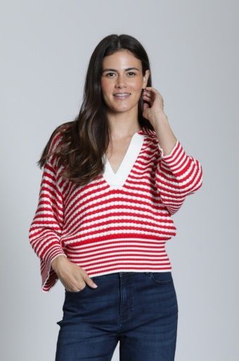 Striped Knit Sweater, Colour: Red/White, Size: XS