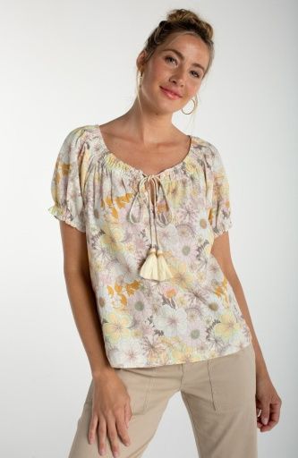 S/S Tie Neck Woven Top, Color: Pristine+Lilac, Size: XS