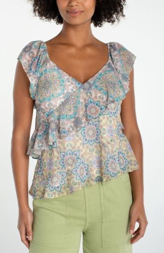Flutter Slv Draped Blouse, Color: Cream+Citron, Size: XS