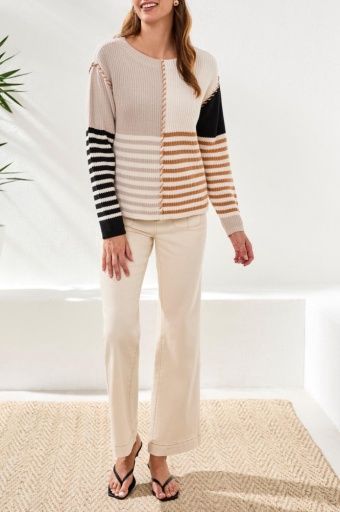 Multi Stripe Textured Boat Neck Sweater, Colour: Quartz, Size: XS
