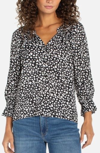 3/4 Slv Woven Top W/ Ruffle Details, Color: Blk/Cream, Size: XS