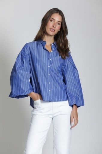 Balloon Sleeve Striped Button Up, Colour: Blue/White, Size: XS