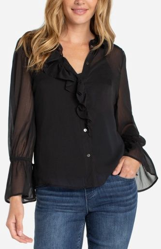 L/S Ruffled Front Woven Shirt, Color: Black, Size: XS