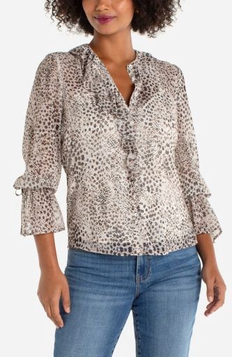 L/S Ruffle Front Woven Shirt, Color: Brown Multi Animal, Size: XS