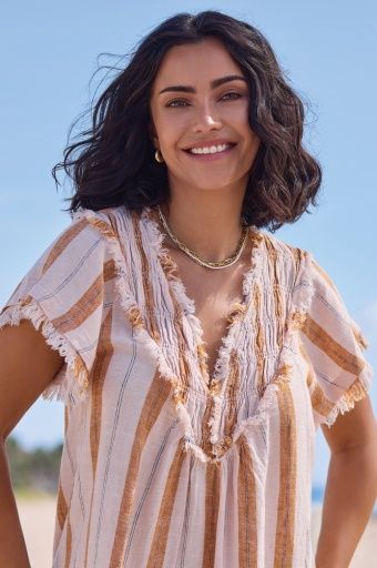 S/S Blouse W/ Raw Edge, Color: SaharaBeige, Size: XS