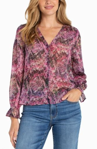 L/S Button Front Top W/ Smocking, Color: Pink Multi, Size: XS