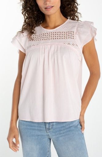 Flutter Sleeve Woven Blouse W/ Emb, Color: SoftPink, Size: XS