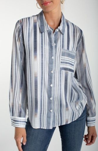 L/S Btn Front Woven Shirt, Color: White+Chambray, Size: XS
