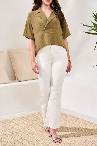 S/S Lapel Collar V Neck Shirt, Colour: Rainforest, Size: XS