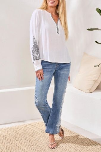 L/S Blouse W/ Embroidery Detail, Color: White, Size: XS