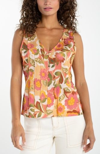 Slvless V Neck Tank Top, Color: Tan Floral Multi, Size: XS