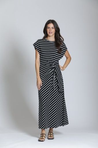 Stripe Cinch Waist Dress, Color: Black+White, Size: XS