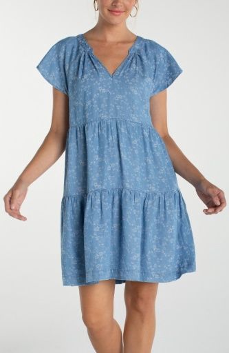 Tiered Flutter Slv Dress, Color: Indigo Roses, Size: XS