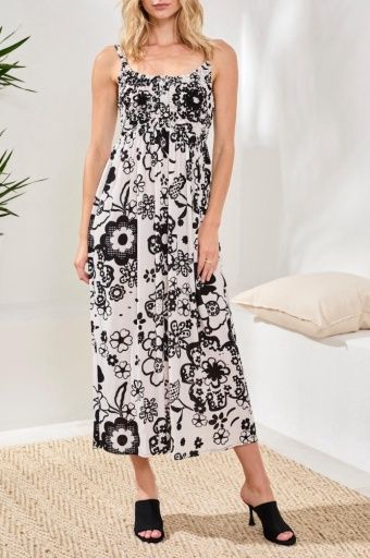 Bra Friendly Smocked Bodice Dress, Color: White+Black, Size: XS