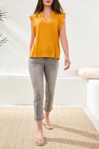 Mixed Media Ruffle Slv V Neck, Colour: Daffodil, Size: XS