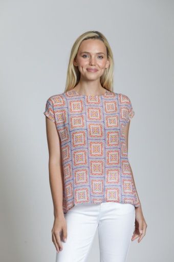 Printed Cap Sleeve Top, Color: Lavender Multi, Size: XS