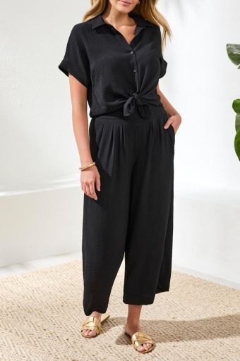 Flowy Crop Pnt w/ Elastic Back, Colour: Black, Size: XS