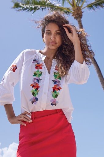 3/4 Slv Blouse W/ Detailed Emb, Color: White, Size: XS