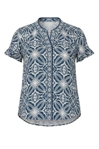 Flutter Slv Print Button Up Top, Color: Blue W/ Cream, Size: XS
