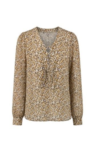 L/S Lace Up Front Woven Blouse, Color: Gold+Blue Multi, Size: XS